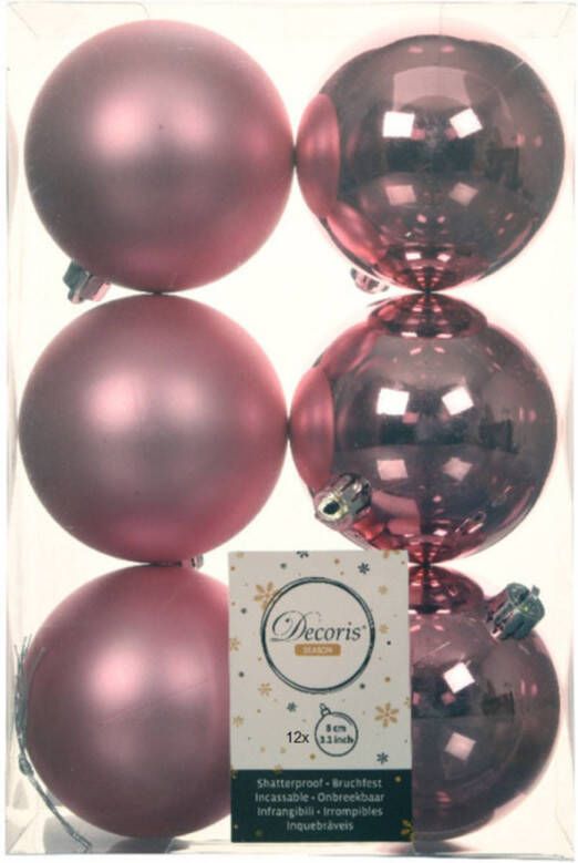 Decoris 12x stuks kunststof kerstballen lippenstift roze 8 cm glans mat Kerstbal