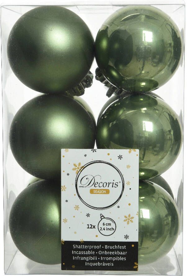 Decoris 12x stuks kunststof kerstballen mos groen 6 cm glans mat Kerstbal