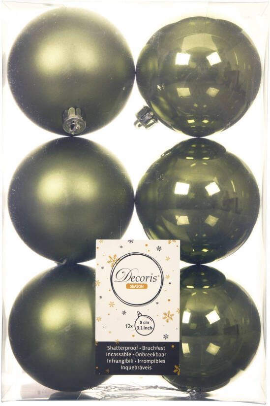 Decoris 12x stuks kunststof kerstballen mos groen 8 cm glans mat Kerstbal