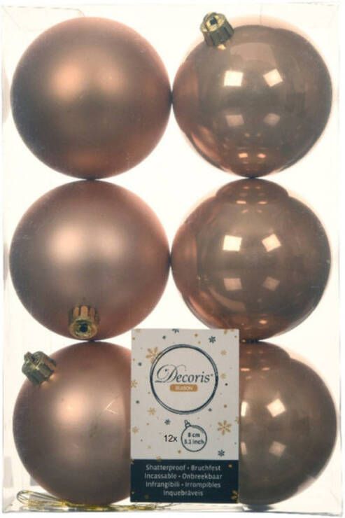Decoris 12x stuks kunststof kerstballen toffee bruin 8 cm glans mat Kerstbal