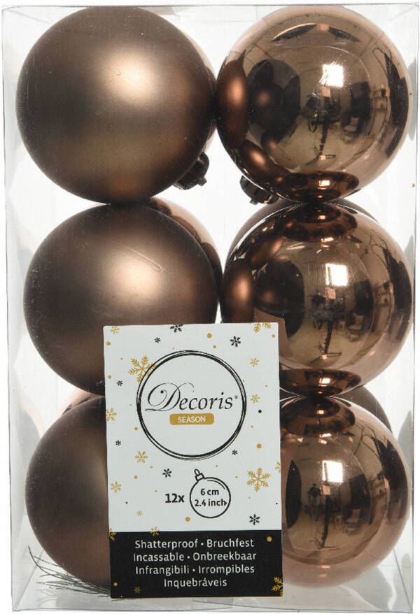 Decoris 12x stuks kunststof kerstballen walnoot bruin 6 cm glans mat Kerstbal