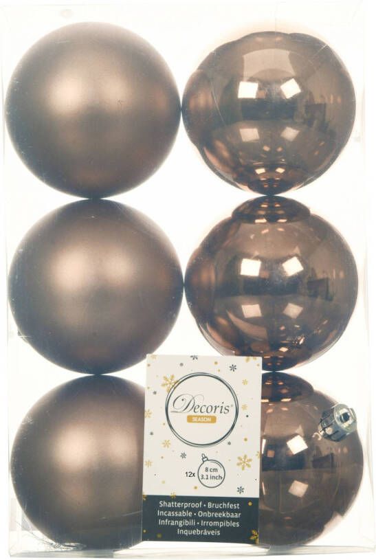 Decoris 12x stuks kunststof kerstballen walnoot bruin 8 cm glans mat Kerstbal