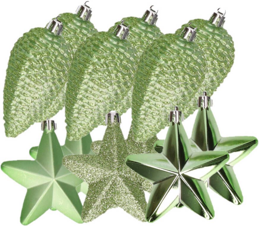 Decoris 12x stuks kunststof sterren en dennenappel kerstornamenten groen 7-8 cm Kersthangers