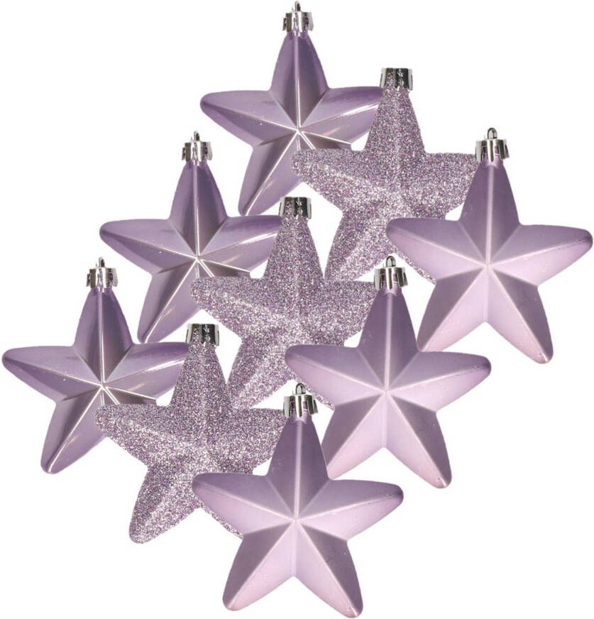 Decoris 12x stuks kunststof sterren kersthangers heide lila paars 7 cm Kersthangers