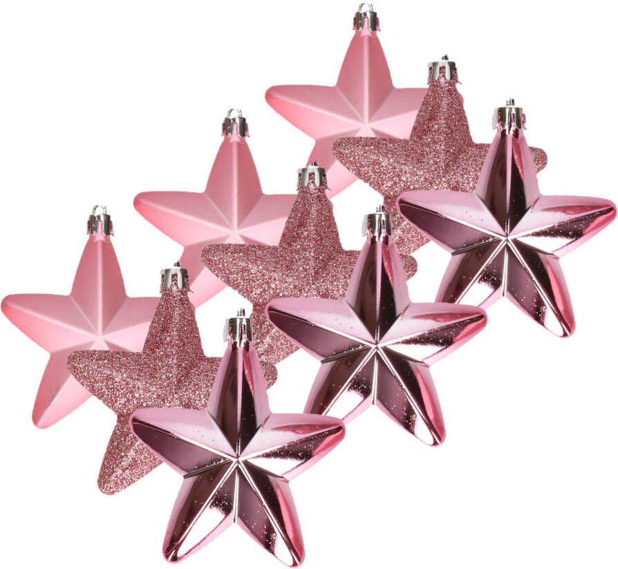 Decoris 12x stuks kunststof sterren kersthangers lippenstift roze 7 cm Kersthangers