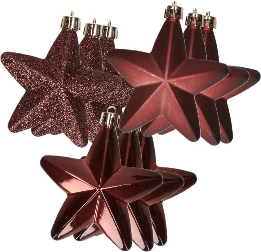 Decoris 12x stuks kunststof sterren kersthangers mahonie bruin 7 cm Kersthangers