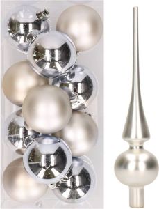 Decoris 12x Zilveren Kunststof Kerstballen Met Glazen Piek Mat Kerstbal