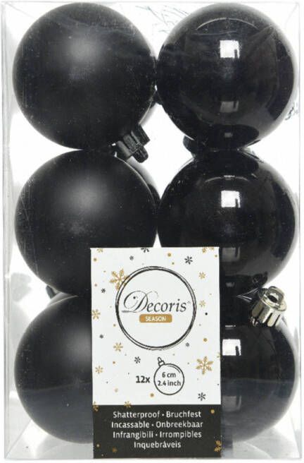 Decoris 12x Zwarte kerstballen 6 cm kunststof mat glans Kerstbal