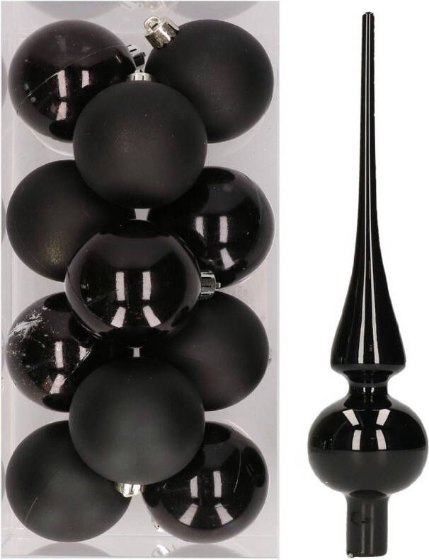Decoris 12x Zwarte kunststof kerstballen met glazen piek glans Kerstbal