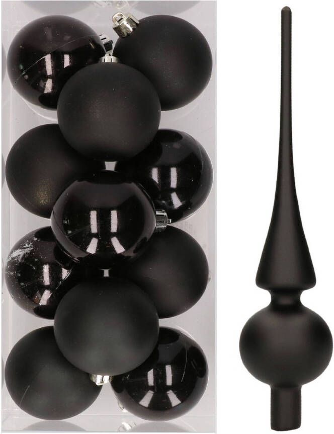 Decoris 12x Zwarte kunststof kerstballen met glazen piek mat Kerstbal