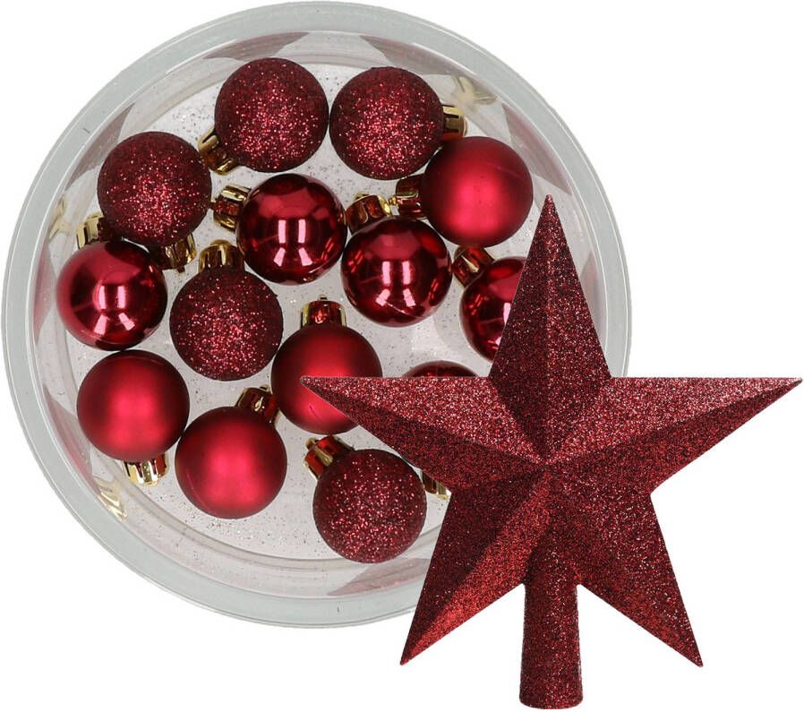 Decoris 14x stuks kerstballen 3 cm met ster piek bordeaux rood kunststof Kerstbal