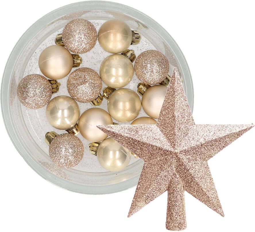 Decoris 14x stuks kerstballen 3 cm met ster piek champagne kunststof Kerstbal