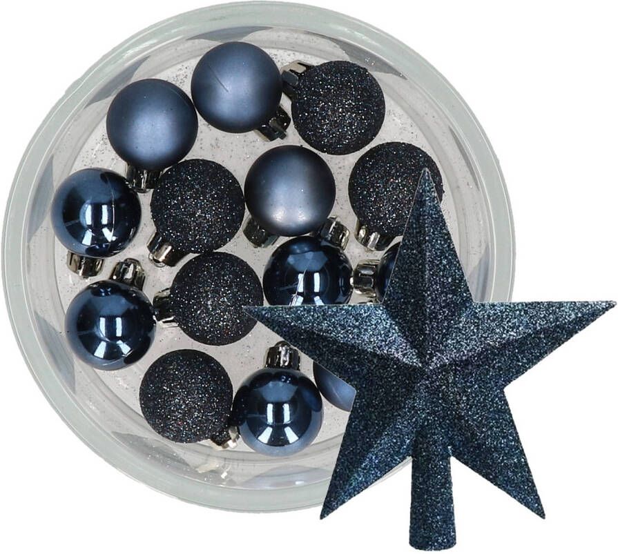 Decoris 14x stuks kerstballen 3 cm met ster piek donkerblauw kunststof Kerstbal