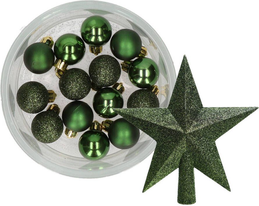 Decoris 14x stuks kerstballen 3 cm met ster piek donkergroen kunststof Kerstbal