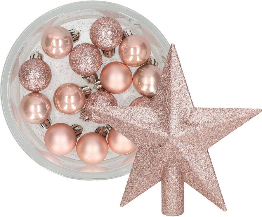 Decoris 14x stuks kerstballen 3 cm met ster piek lichtroze kunststof Kerstbal