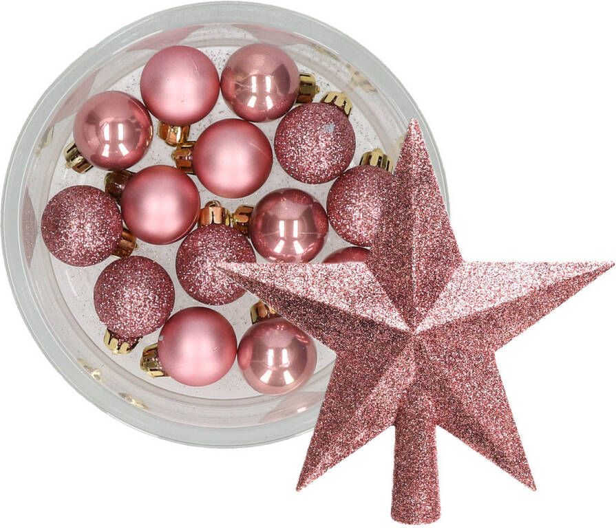 Decoris 14x stuks kerstballen 3 cm met ster piek oudroze kunststof Kerstbal
