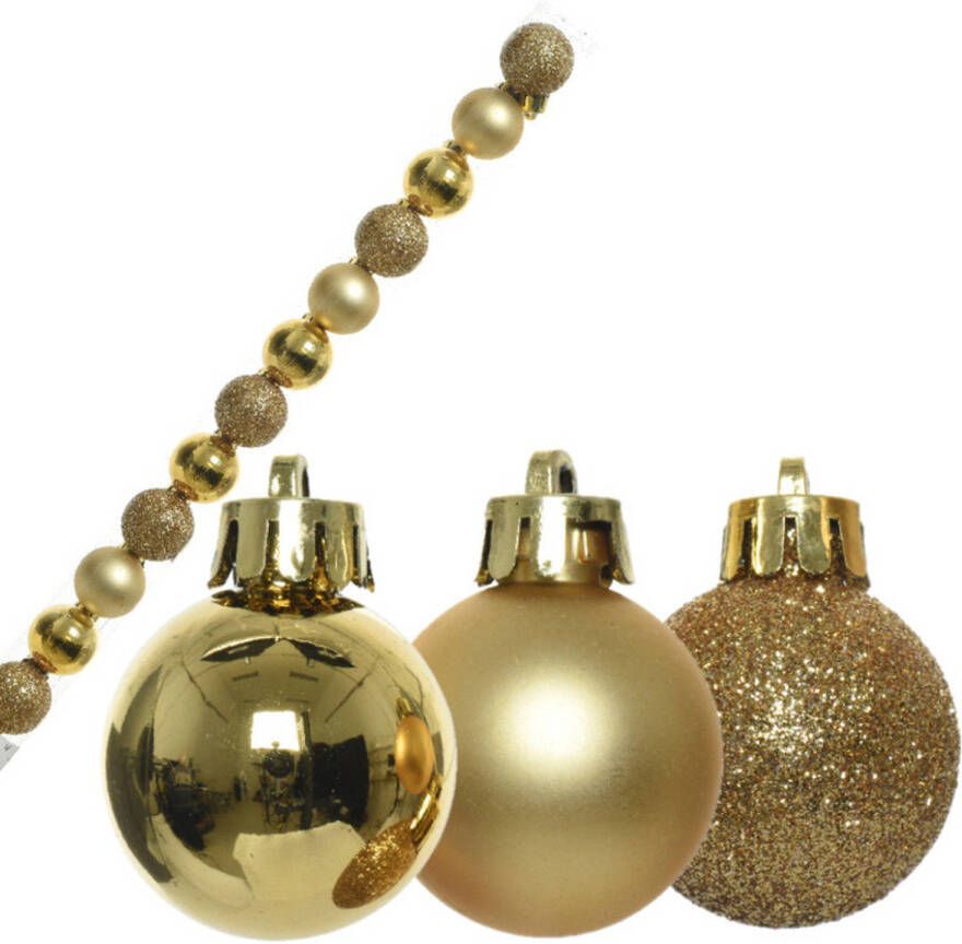 Decoris 14x stuks kleine kunststof kerstballen goud 3 cm glans mat glitter Kerstbal