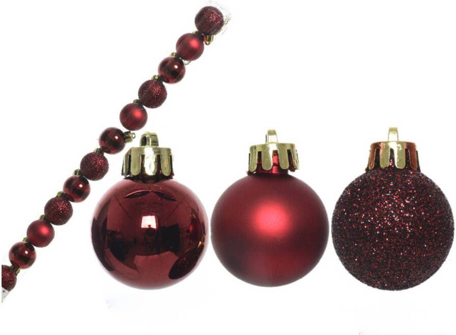 Decoris 14x stuks kunststof kerstballen donkerrood 3 cm mat glans glitter Kerstbal