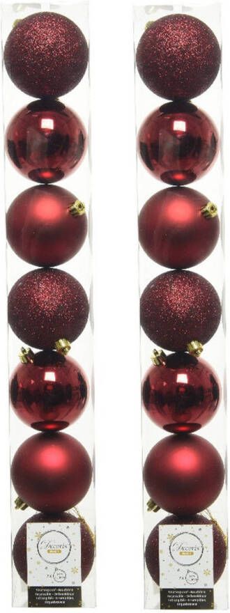 Decoris 14x stuks kunststof kerstballen donkerrood (oxblood) 8 cm glans mat glitter Kerstbal