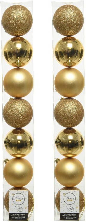 Decoris 14x stuks kunststof kerstballen gouden 8 cm glans mat glitter Kerstbal