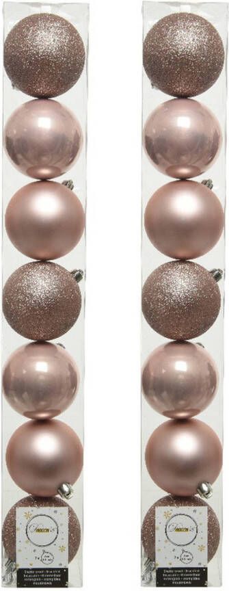 Decoris 14x stuks kunststof kerstballen lichtroze (blush) 8 cm glans mat glitter Kerstbal