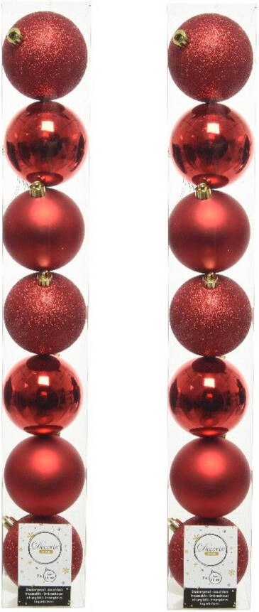 Decoris 14x stuks kunststof kerstballen rode 8 cm glans mat glitter Kerstbal