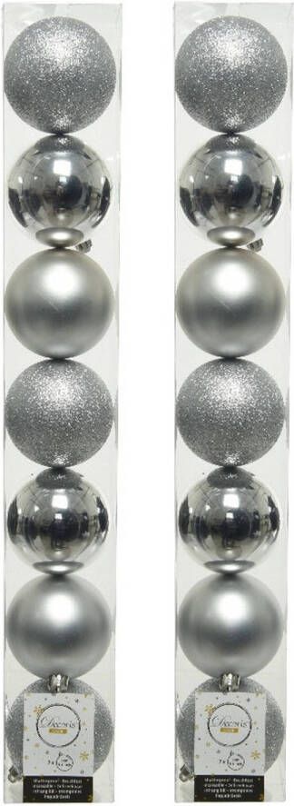 Decoris 14x stuks kunststof kerstballen zilveren 8 cm glans mat glitter Kerstbal