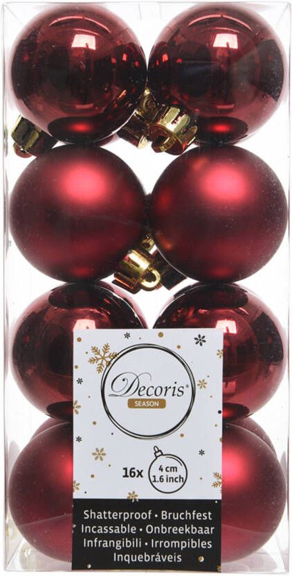 Decoris 16x Kunststof kerstballen glanzend mat donkerrood 4 cm kerstboom versiering decoratie Kerstbal