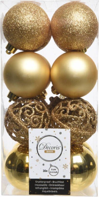 Decoris 16x Gouden kerstballen 6 cm kunststof mix Kerstbal