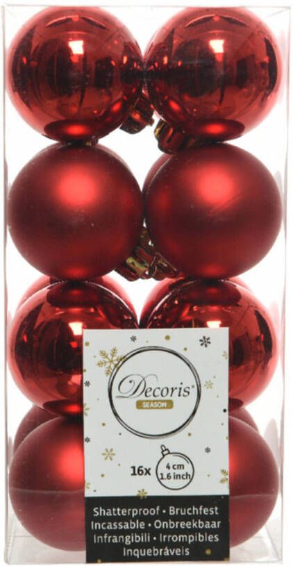 Decoris 16x Kunststof kerstballen glanzend mat kerst rood 4 cm kerstboom versiering decoratie Kerstbal