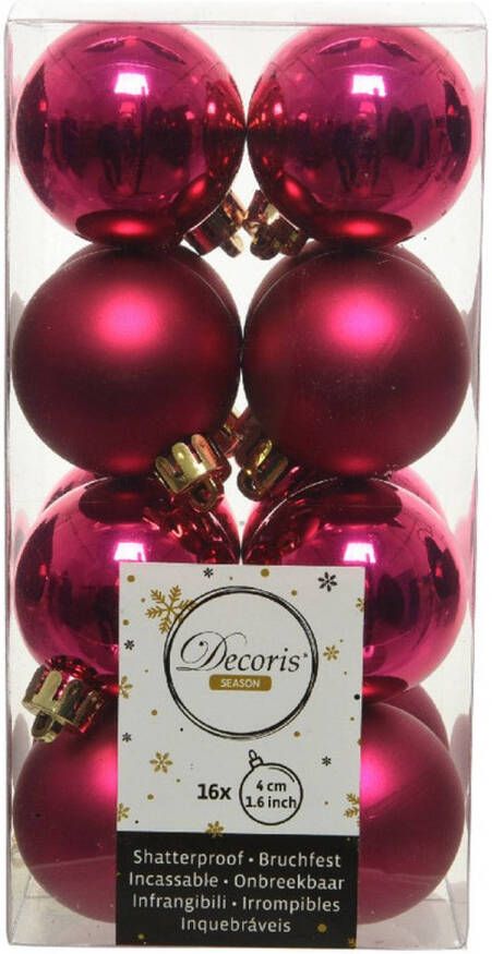 Decoris 16x Kunststof kerstballen glanzend mat bessen roze 4 cm kerstboom versiering decoratie Kerstbal