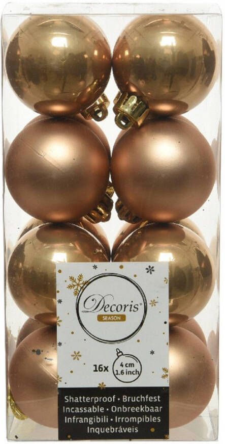 Decoris 16x Kunststof kerstballen glanzend mat camel bruin 4 cm kerstboom versiering decoratie Kerstbal