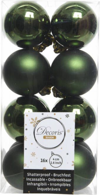Decoris 16x Kunststof kerstballen glanzend mat donkergroen 4 cm kerstboom versiering decoratie Kerstbal