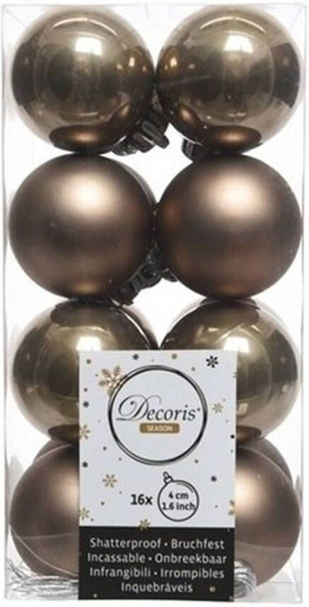 Decoris 16x Kunststof kerstballen glanzend mat kasjmier bruin 4 cm kerstboom versiering decoratie Kerstbal
