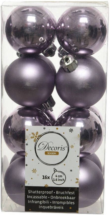 Decoris 16x Kunststof kerstballen glanzend mat lila paars 4 cm kerstboom versiering decoratie Kerstbal