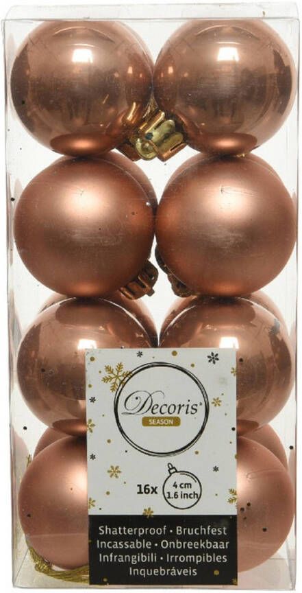 Decoris 16x Kunststof kerstballen glanzend mat zacht terra bruin 4 cm kerstboom versiering decoratie Kerstbal