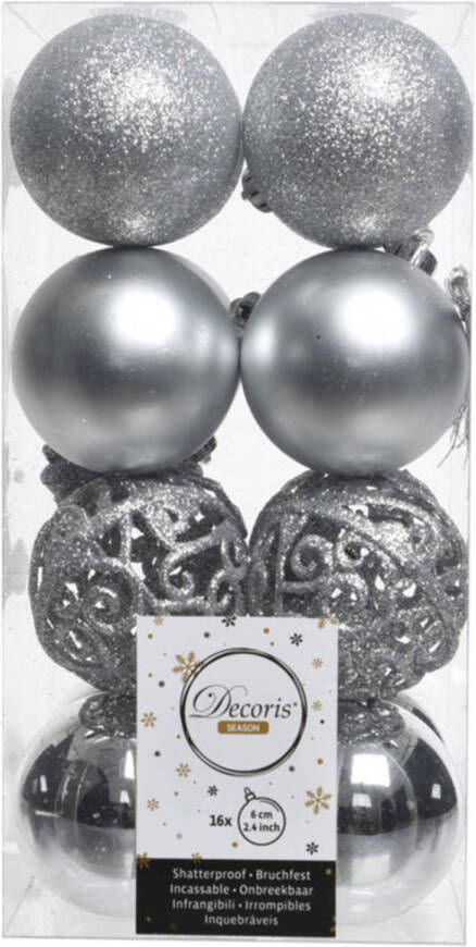 Decoris 16x Kunststof kerstballen mix zilver 6 cm kerstboom versiering decoratie Kerstbal