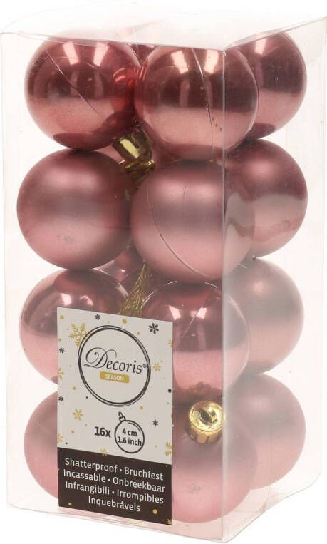Decoris 16x Kunststof kerstballen glanzend mat oud roze 4 cm kerstboom versiering decoratie Kerstbal