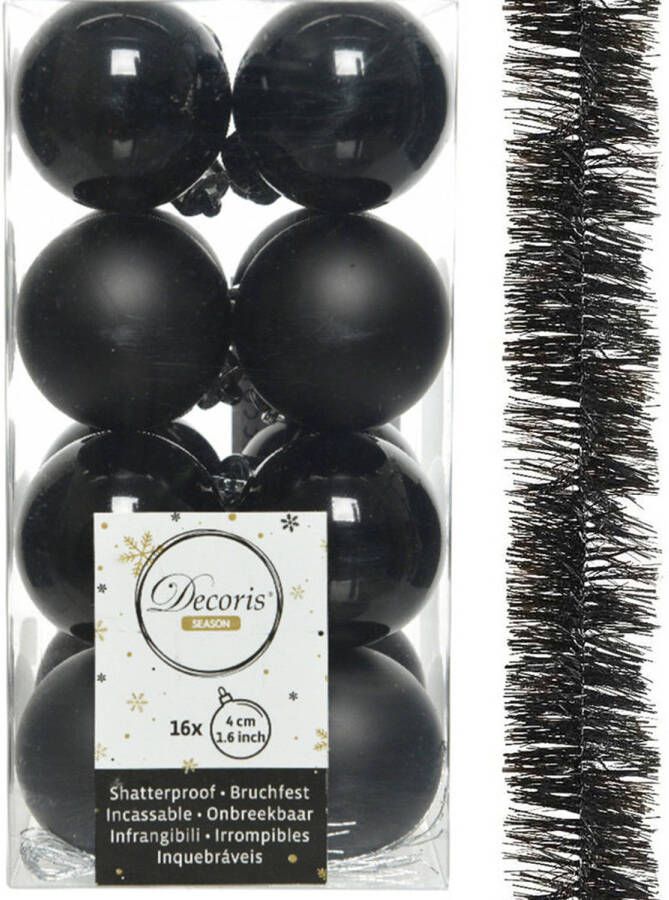Decoris 16x stuks kerstballen 4 cm met slinger zwart kunststof Kerstbal