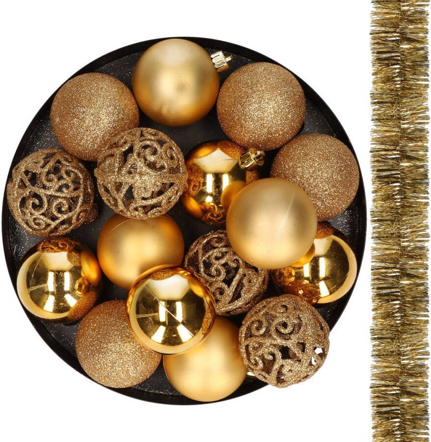 Decoris 16x stuks kunststof kerstballen 6 cm incl. 2x st. kerstslingers goud Kerstbal