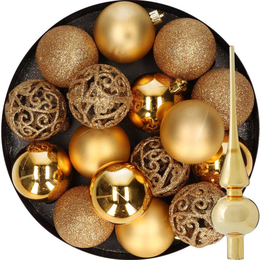 Decoris 16x stuks kunststof kerstballen 6 cm incl. glazen piek glans goud Kerstbal