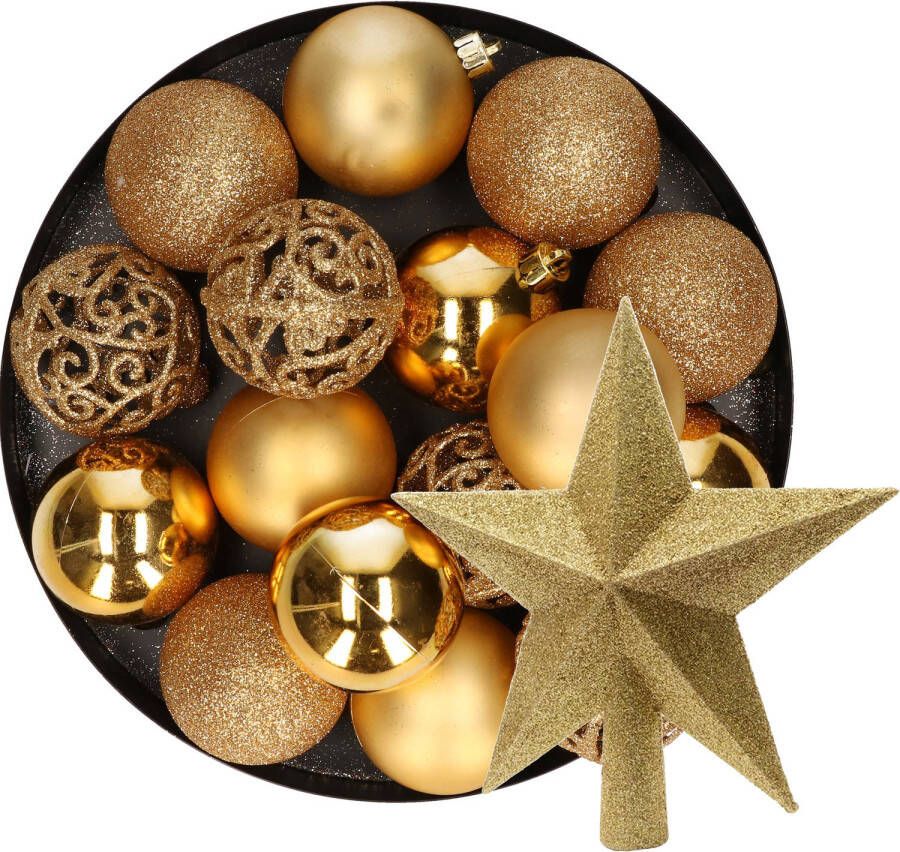 Decoris 16x stuks kunststof kerstballen 6 cm incl. ster piek goud Kerstbal
