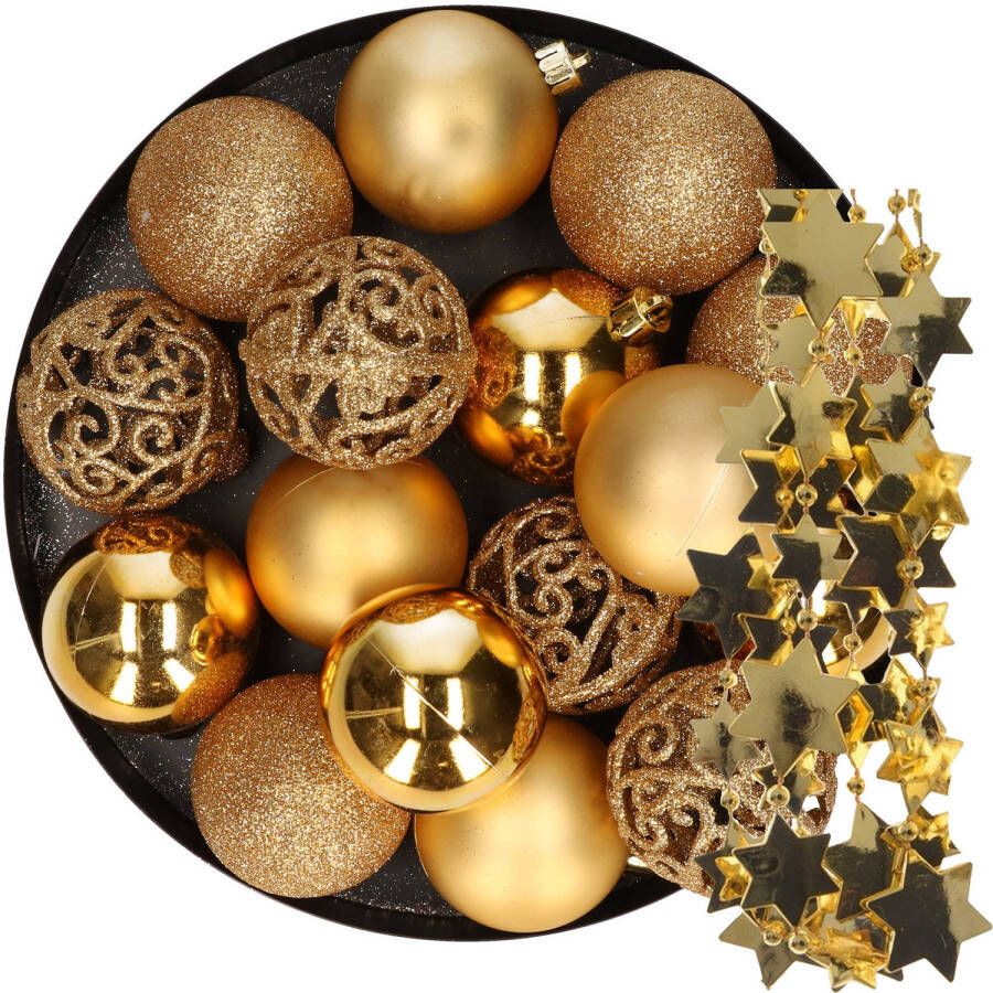 Decoris 16x stuks kunststof kerstballen 6 cm incl. sterren slinger goud Kerstbal