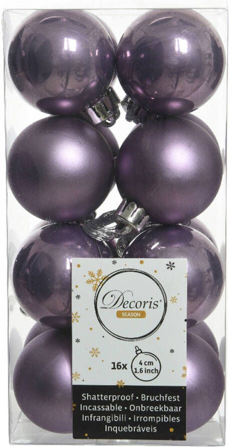 Decoris 16x stuks kunststof kerstballen heide lila paars 4 cm glans mat Kerstbal