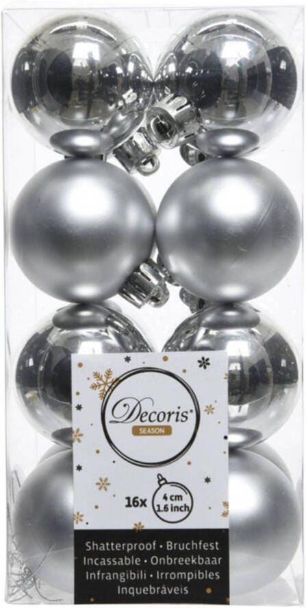 Decoris 16x Kunststof kerstballen glanzend mat zilver 4 cm kerstboom versiering decoratie Kerstbal