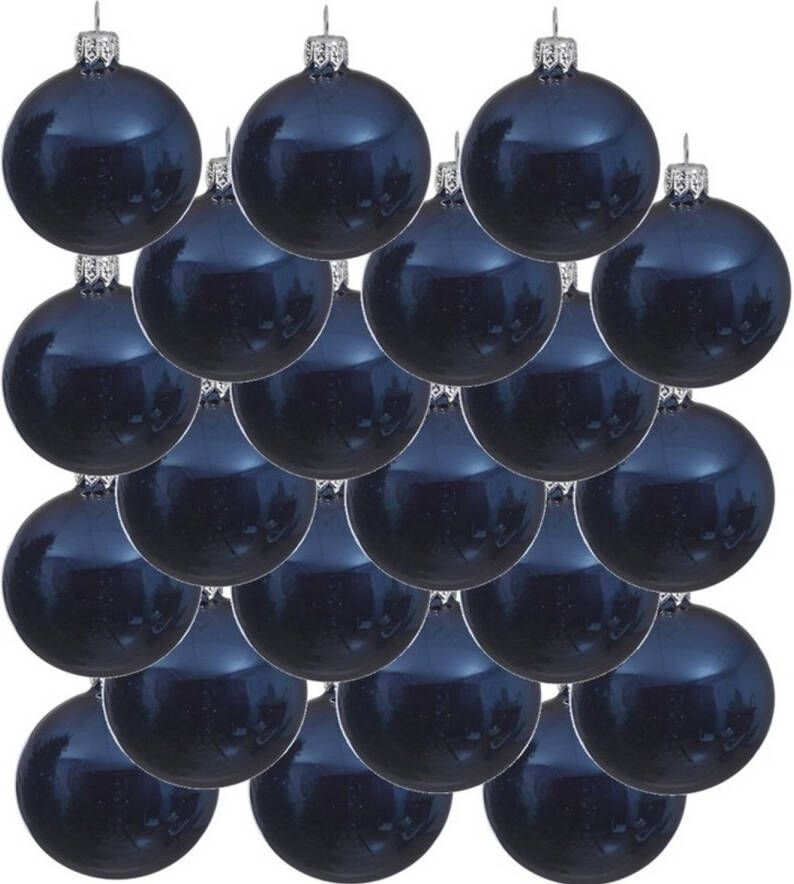 Decoris 18x Glazen kerstballen glans donkerblauw 8 cm kerstboom versiering decoratie Kerstbal