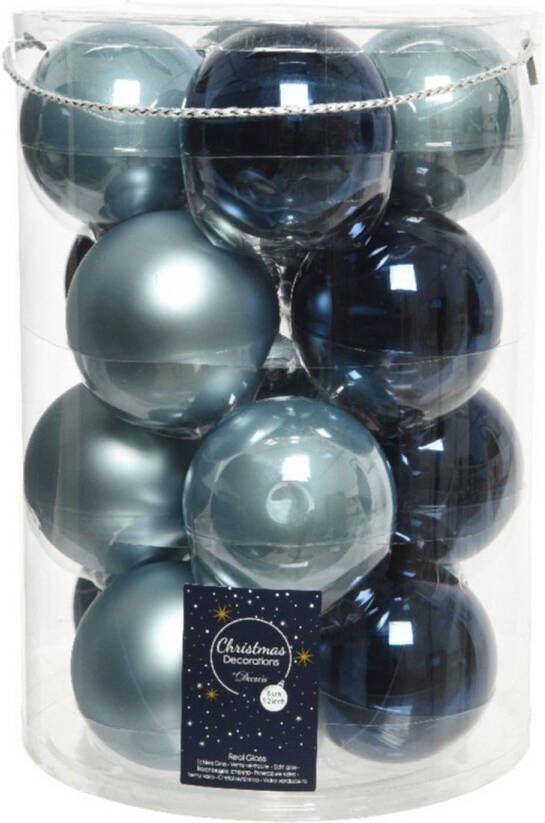 Decoris 18x stuks glazen kerstballen lichtblauw en donkerblauw 8 cm Kerstbal