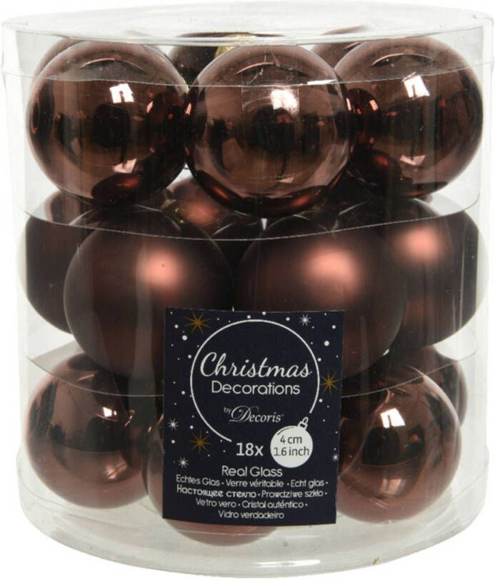 Decoris 18x stuks kleine glazen kerstballen donkerbruin 4 cm mat glans Kerstbal
