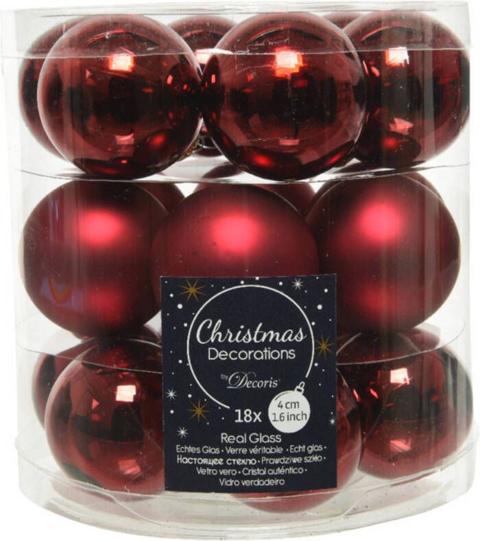 Decoris 18x stuks kleine glazen kerstballen donkerrood (oxblood) 4 cm mat glans Kerstbal