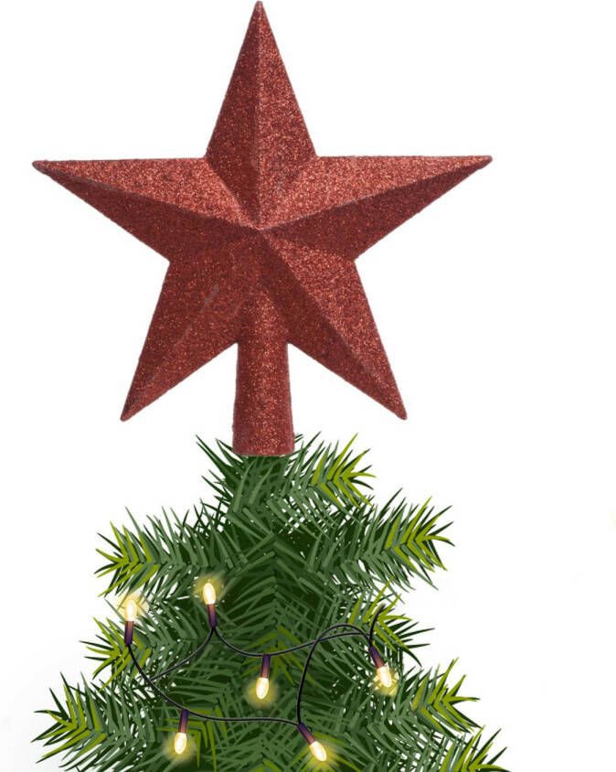 Decoris 1x Glitter piek in stervorm kerst rood 19 cm kunststof plastic kerstboompieken